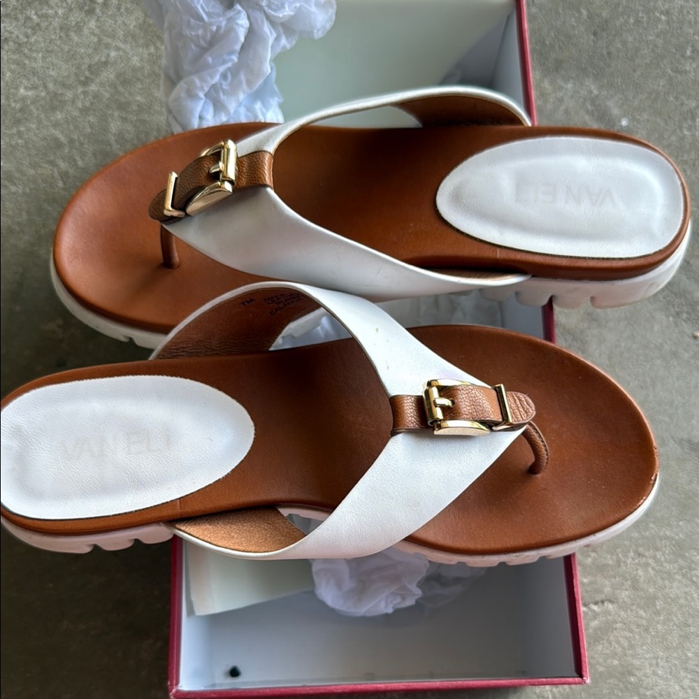 Vaneli White and Brown Sandals with Thong Design